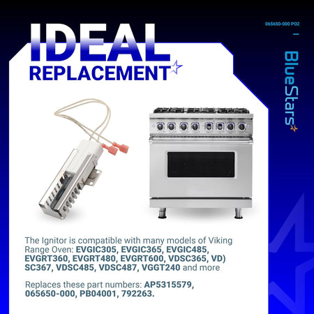 PB040001 range oven igniter for Viking gas stoves with compatible oven model and part number information.