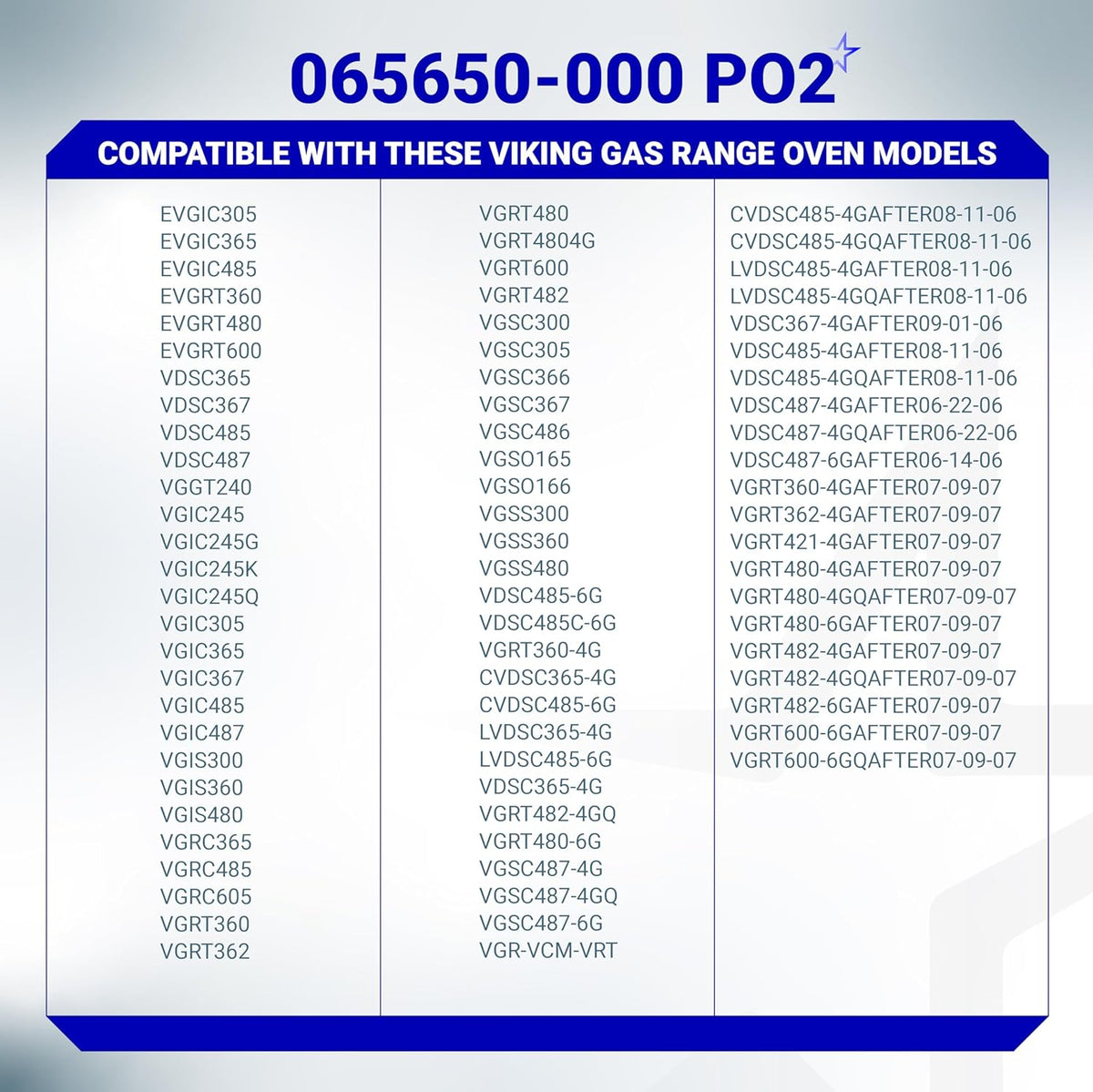 Compatibility chart for Viking range oven igniter 065650-000 listing compatible gas stove models.