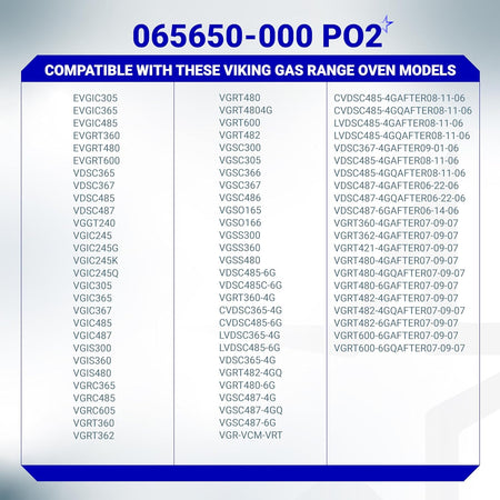 Compatibility chart for Viking range oven igniter 065650-000 listing compatible gas stove models.