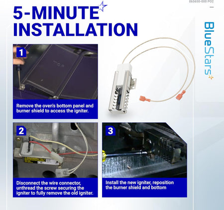 Three-step installation guide for Viking range oven igniter replacement.