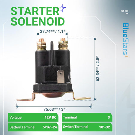 435-700 12V 3-terminal starter solenoid with technical dimension diagram and specifications.