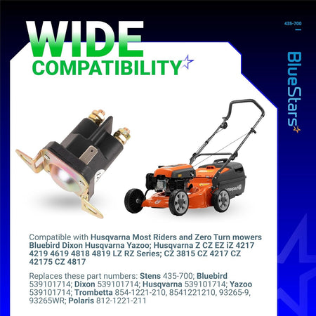 435-700 12V 3-terminal starter solenoid for Husqvarna riding mowers and zero-turn tractors.