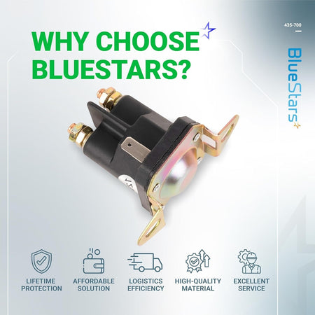 435-700 12V 3-terminal starter solenoid for Husqvarna, Bobcat, and John Deere mowers on branded promotional background.