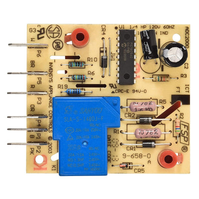Top-down view of W10352689 refrigerator adaptive defrost control board with blue relay and electronic components.