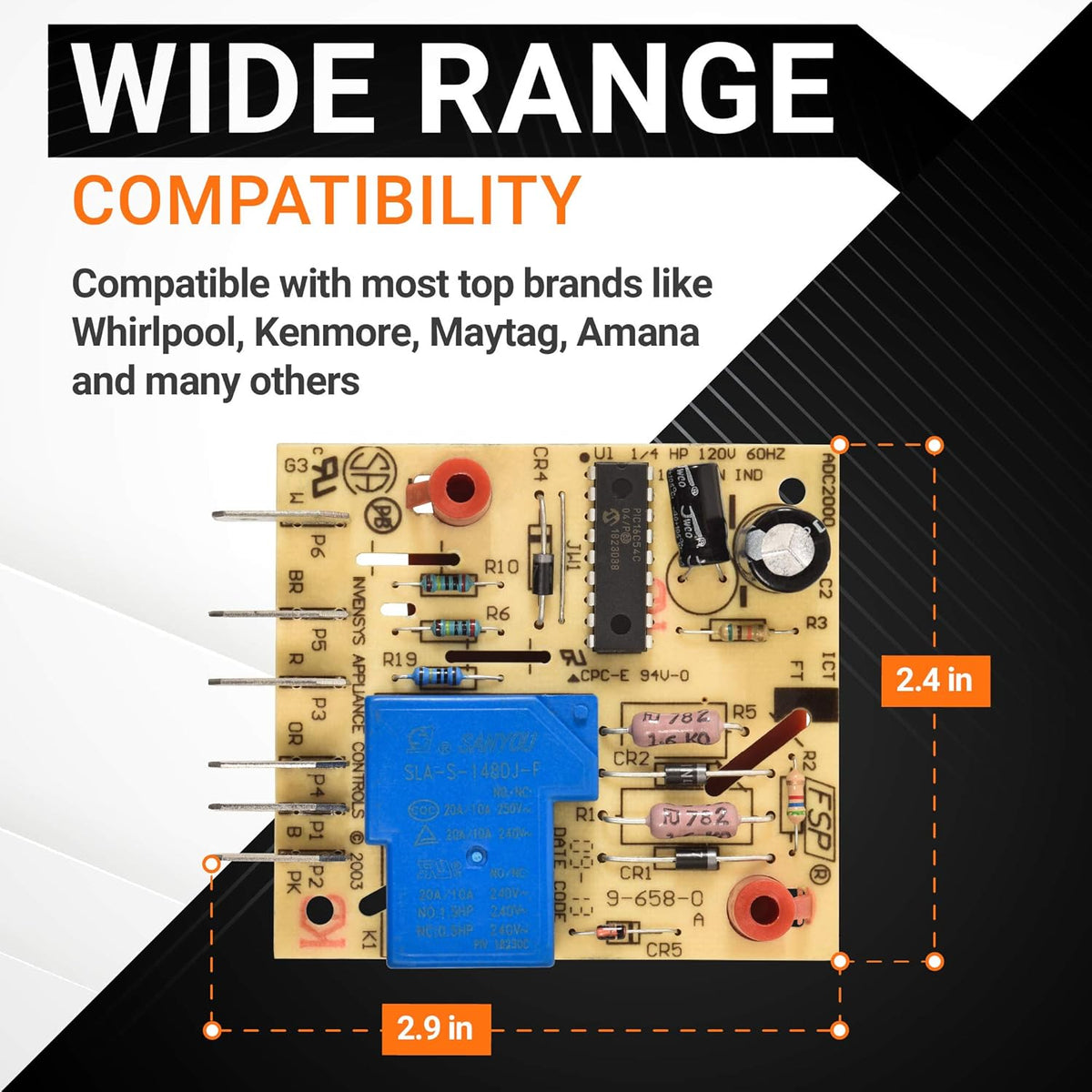 W10352689 refrigerator adaptive defrost control board showing dimensions and compatibility information.
