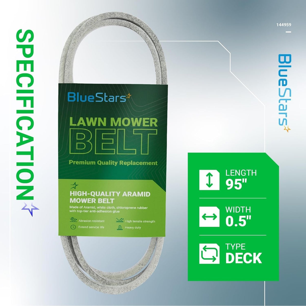 BlueStars 144959 mower deck belt replacement with 95-inch length and 0.5-inch width specifications.