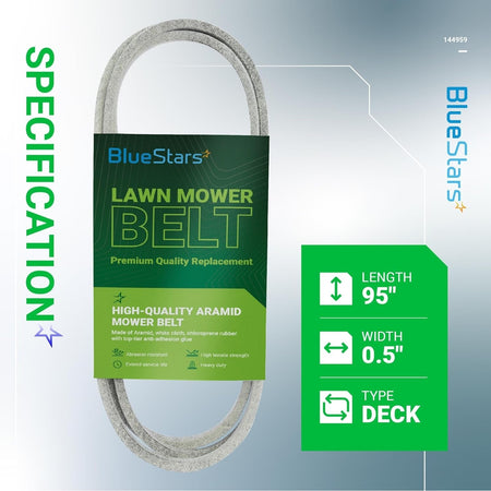 BlueStars 144959 mower deck belt replacement with 95-inch length and 0.5-inch width specifications.