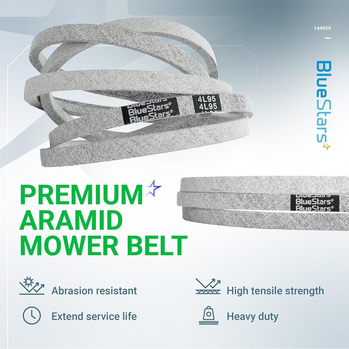 BlueStars 144959 premium aramid mower deck belt for 42-inch decks, heavy-duty replacement part.