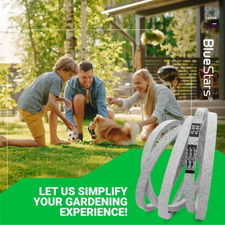 144959 mower deck belt for 42-inch Craftsman and Poulan mowers, shown in a lifestyle marketing graphic.