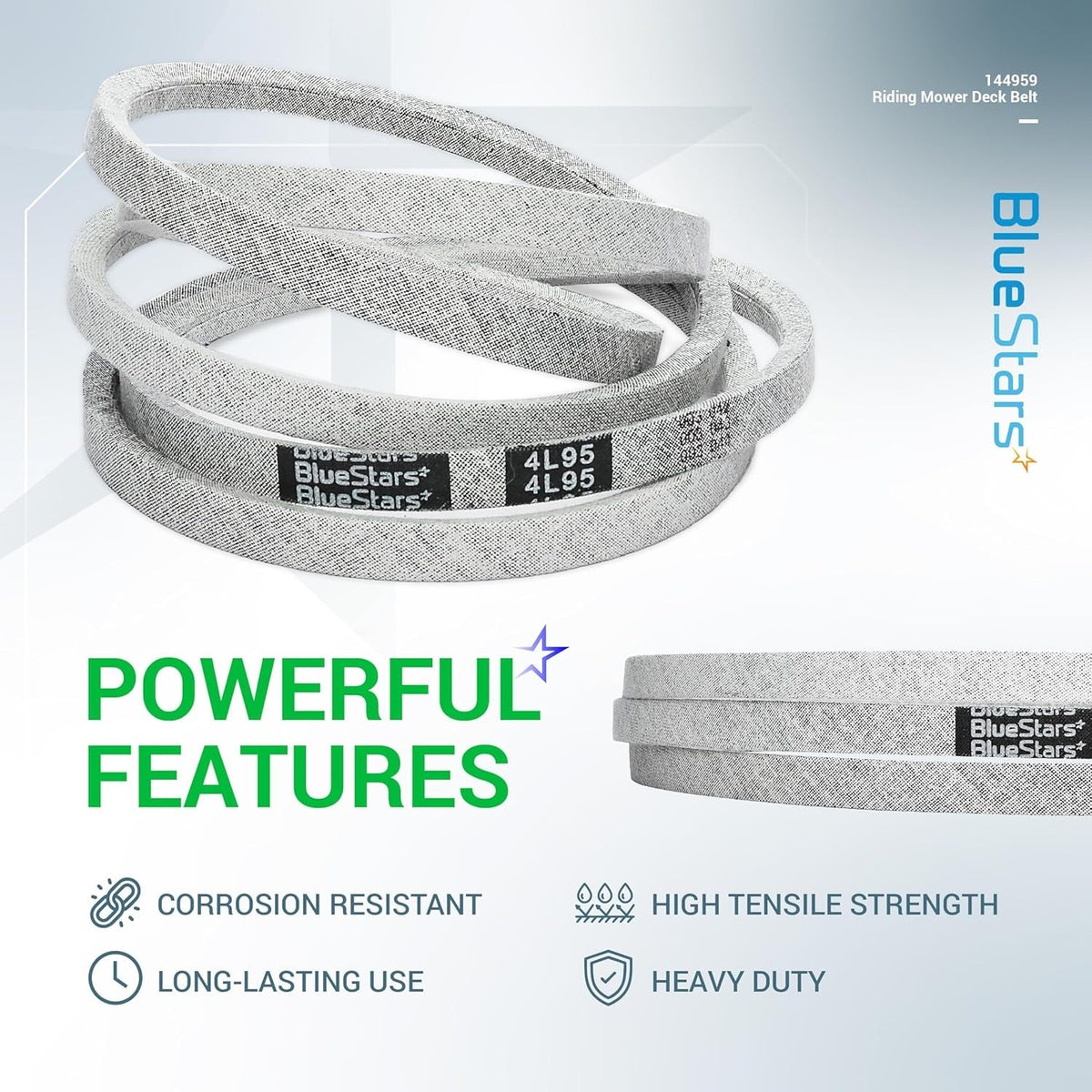 BlueStars 144959 mower deck belt for 42-inch decks, featuring heavy-duty, corrosion-resistant construction.