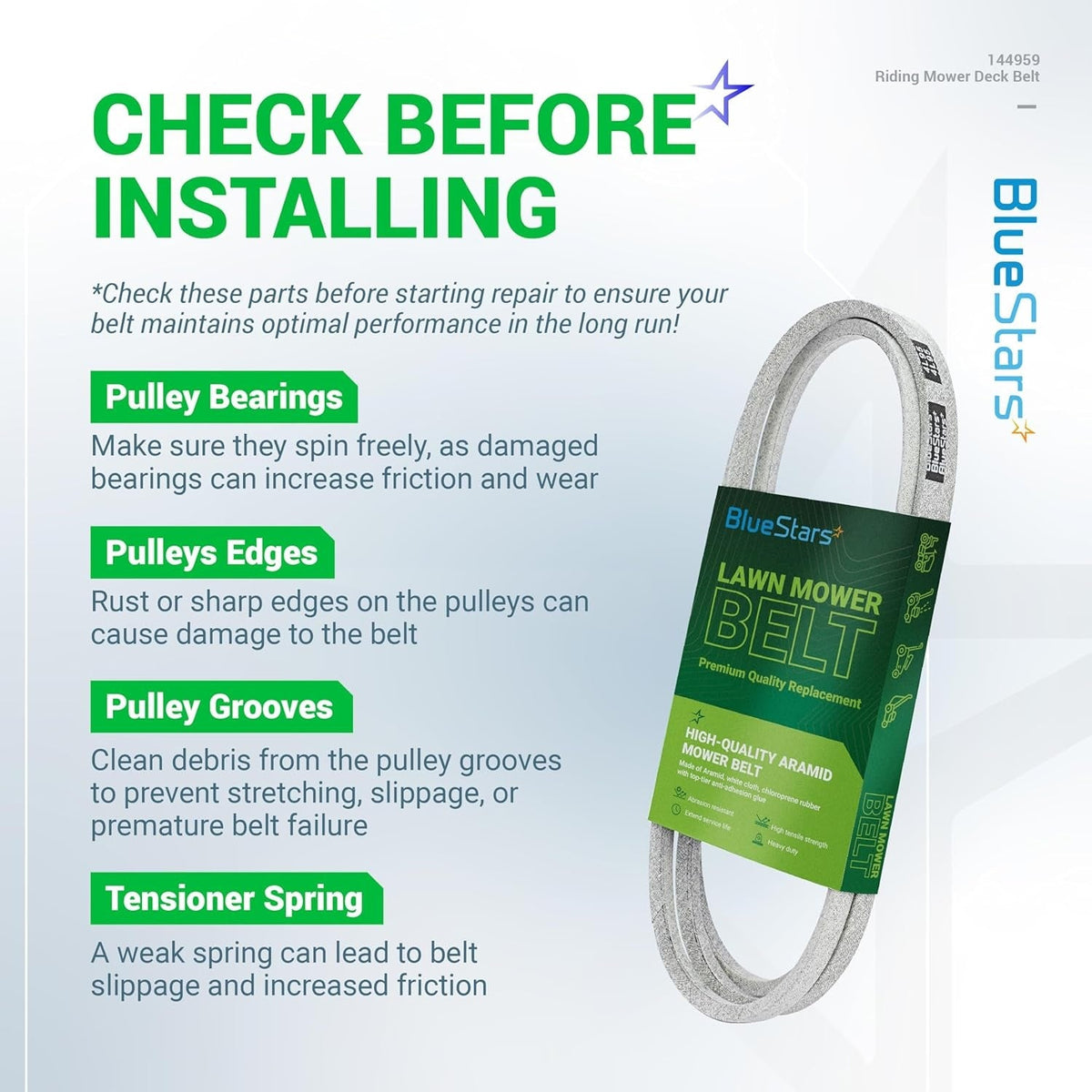 BlueStars 144959 mower deck belt installation guide and maintenance checklist for riding lawn mowers.