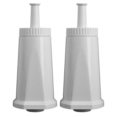 Two white ClaroSwiss water filter cartridges for Sage espresso machines.
