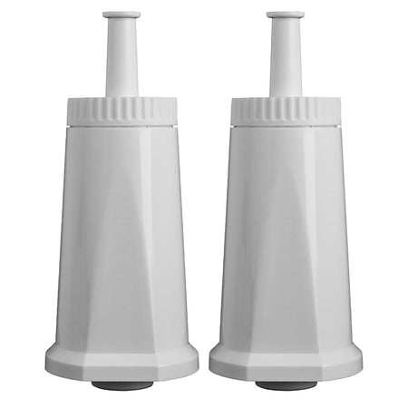Two white ClaroSwiss water filter cartridges for Sage espresso machines.