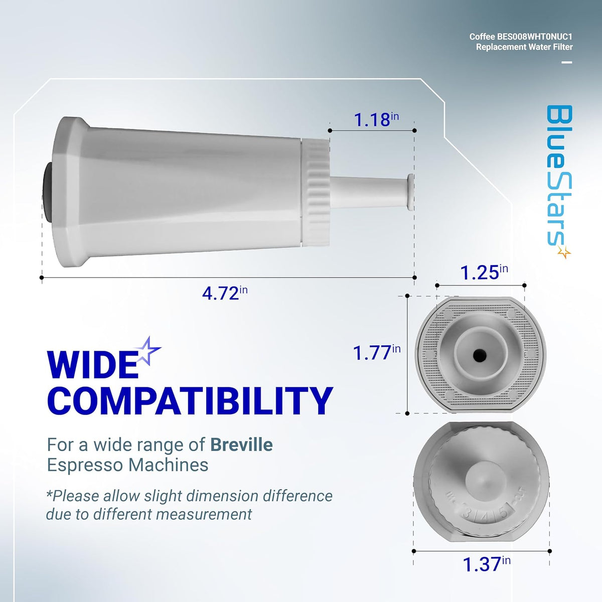 BES008WHT0NUC1 coffee machine water filter technical diagram showing dimensions and compatibility for Breville machines.