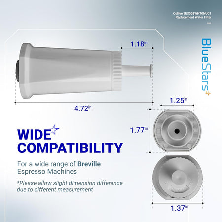 BES008WHT0NUC1 coffee machine water filter technical diagram showing dimensions and compatibility for Breville machines.
