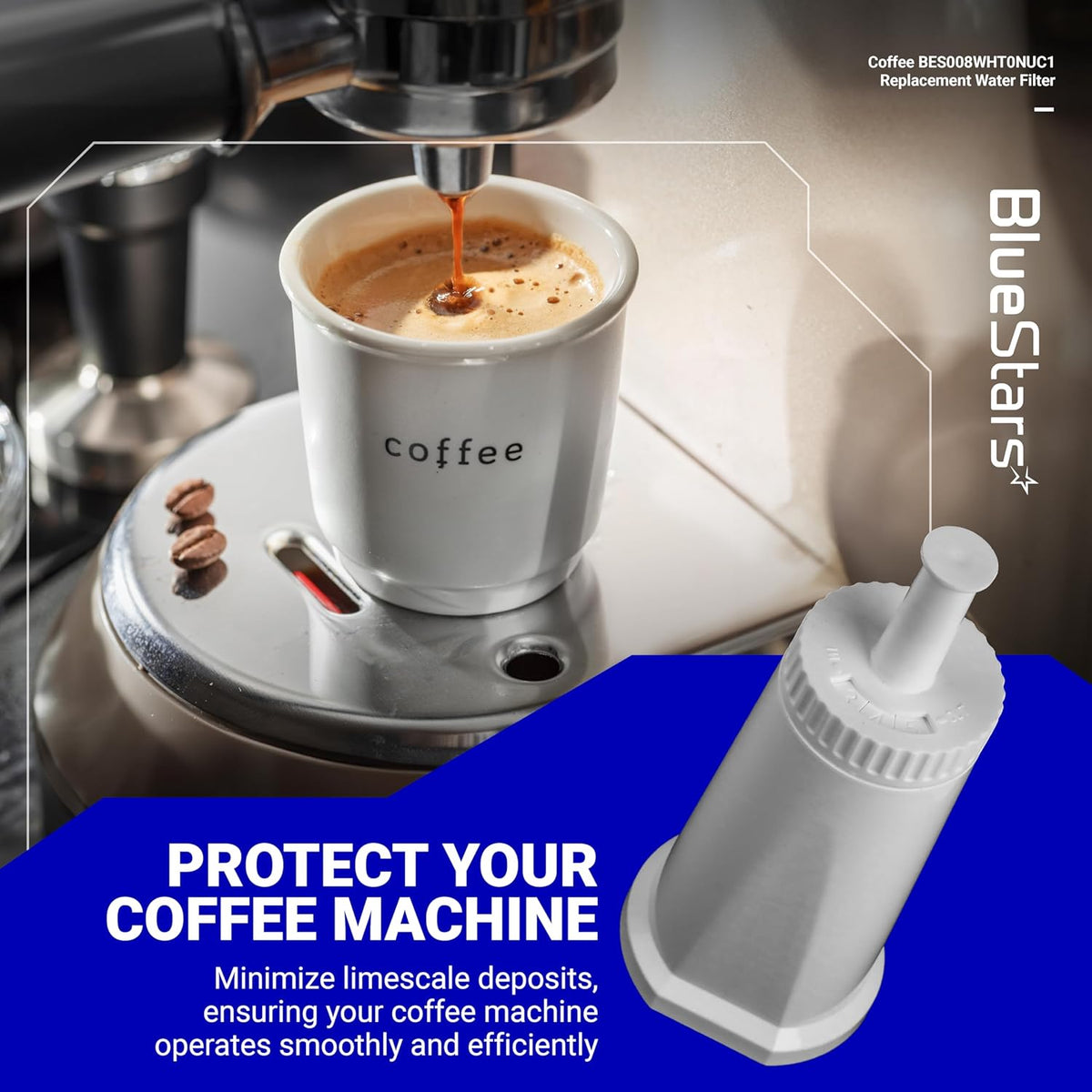 BES008WHT0NUC1 replacement water filter for Sage espresso machines shown next to a coffee machine brewing espresso.