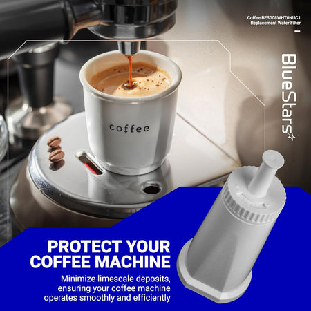 BES008WHT0NUC1 replacement water filter for Sage espresso machines shown next to a coffee machine brewing espresso.