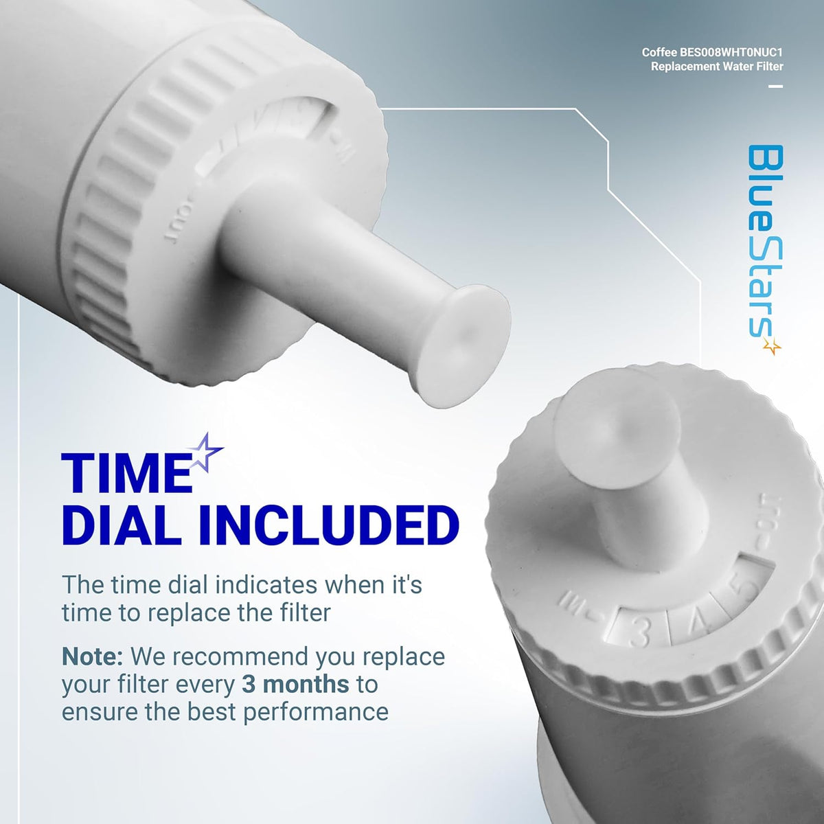 Close-up of BES008WHT0NUC1 coffee machine water filter showing the integrated replacement time dial.