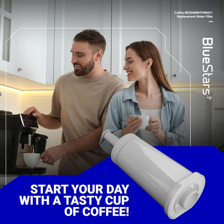 BES008WHT0NUC1 replacement water filter for Sage espresso machines shown with a couple using a coffee maker.