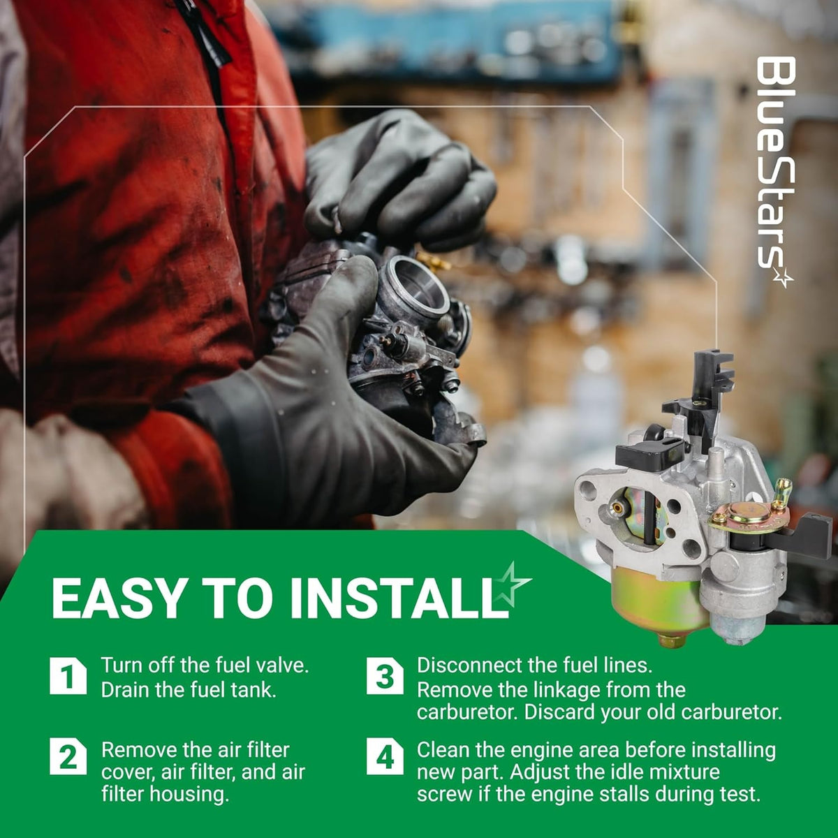Infographic showing 951-10309 carburetor installation steps for Yard-Man, Cub Cadet, and MTD engines.