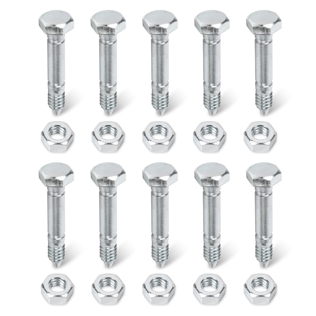 Set of 10 metal shear pins and matching hex nuts for 53200500 replacement hardware.