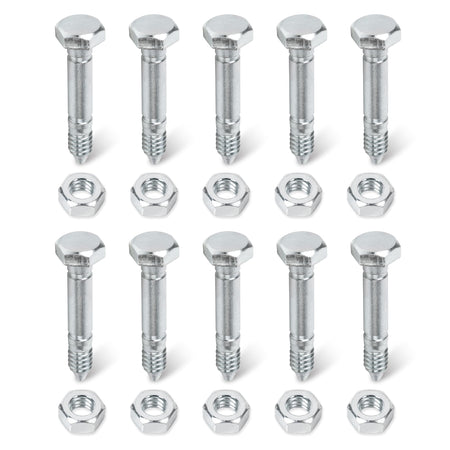 Set of 10 metal shear pins and matching hex nuts for 53200500 replacement hardware.