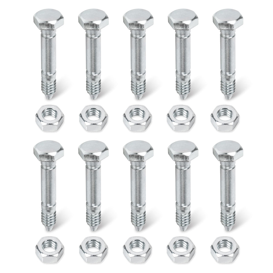 Set of 10 metal shear pins and matching hex nuts for 53200500 replacement hardware.