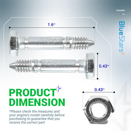 Dimensional diagram showing 53200500 shear pin length of 1.6 inches and nut width of 0.43 inches.
