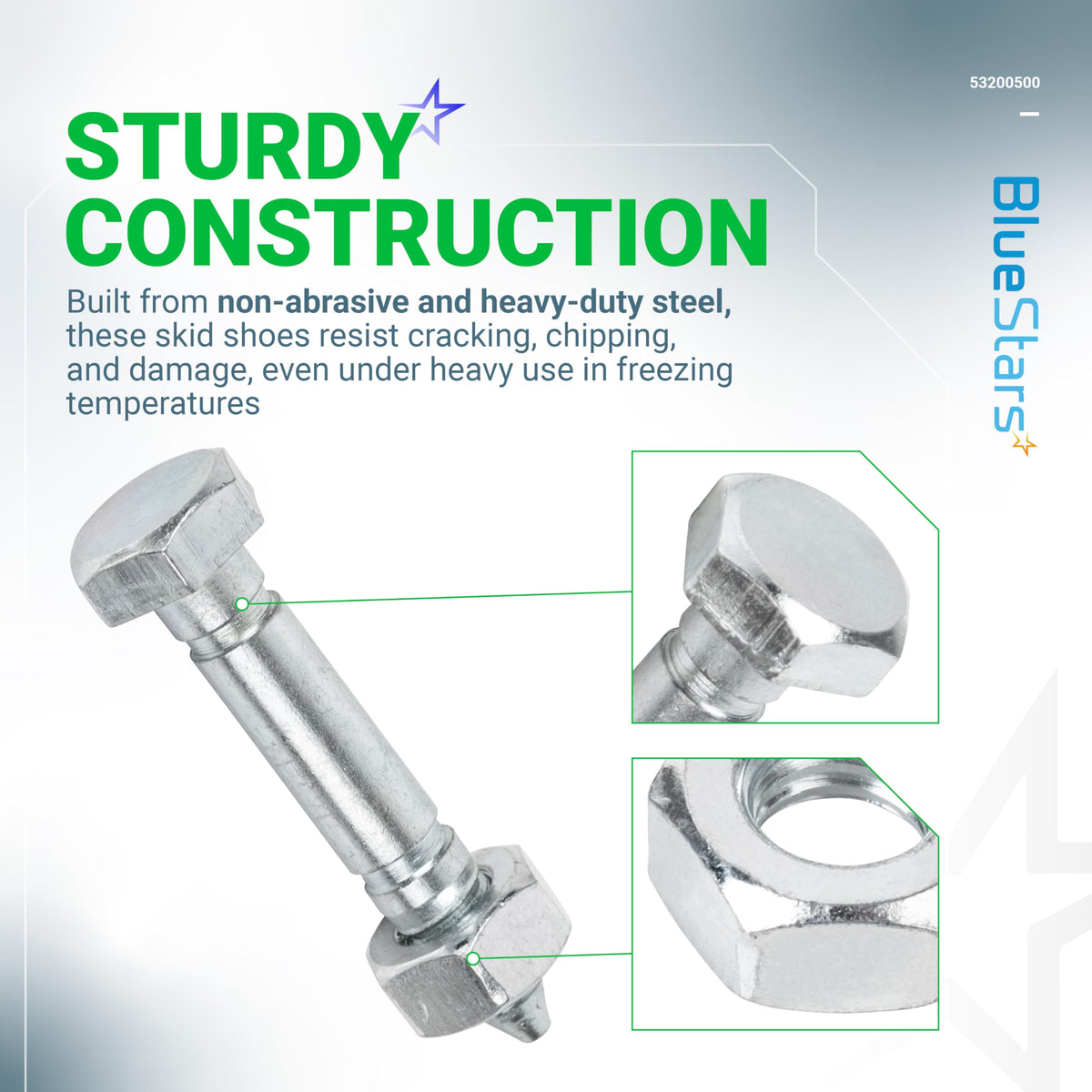 53200500 shear pin and nut assembly with close-up views of the bolt head and hex nut.