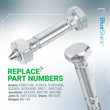 Close-up of 53200500 shear pin with nut for snowblower replacement.