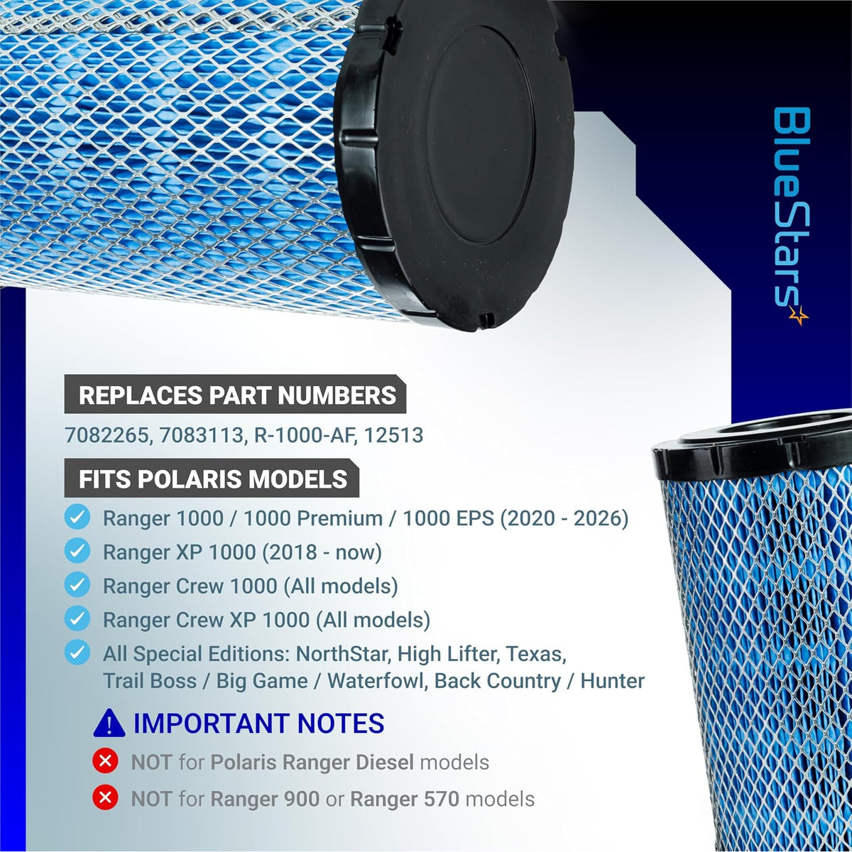 7082265 Air Filter infographic lists replacement part numbers, Polaris Ranger models, and exclusions