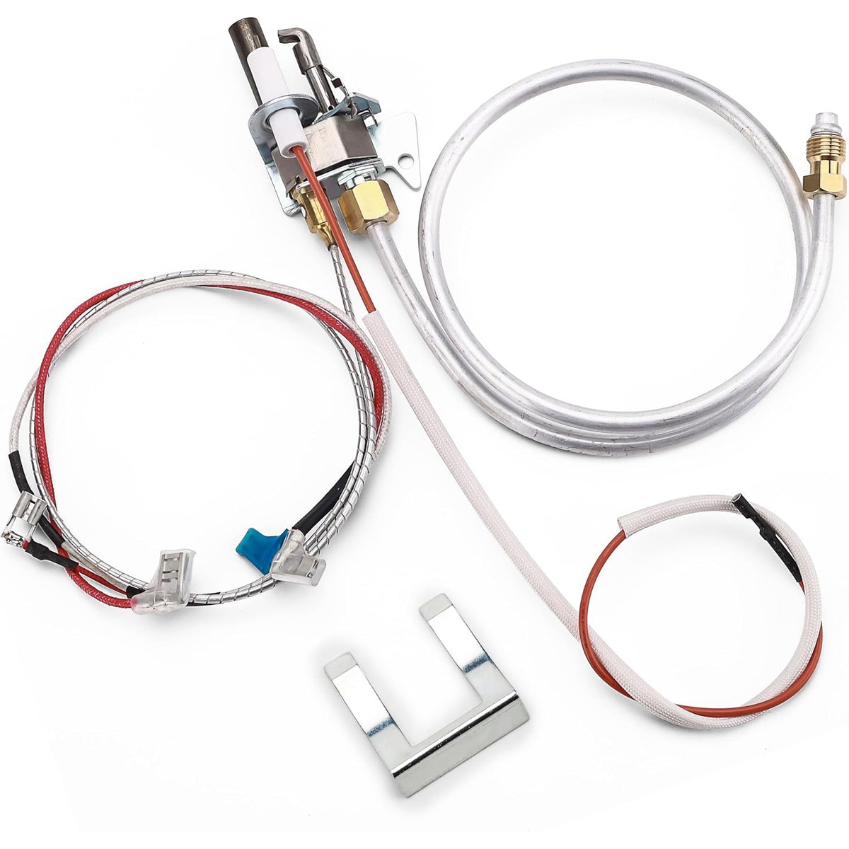 Natural gas water heater pilot and igniter assembly kit with burner tube, wiring harness, and mounting bracket.