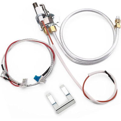 Natural gas water heater pilot and igniter assembly kit with burner tube, wiring harness, and mounting bracket.