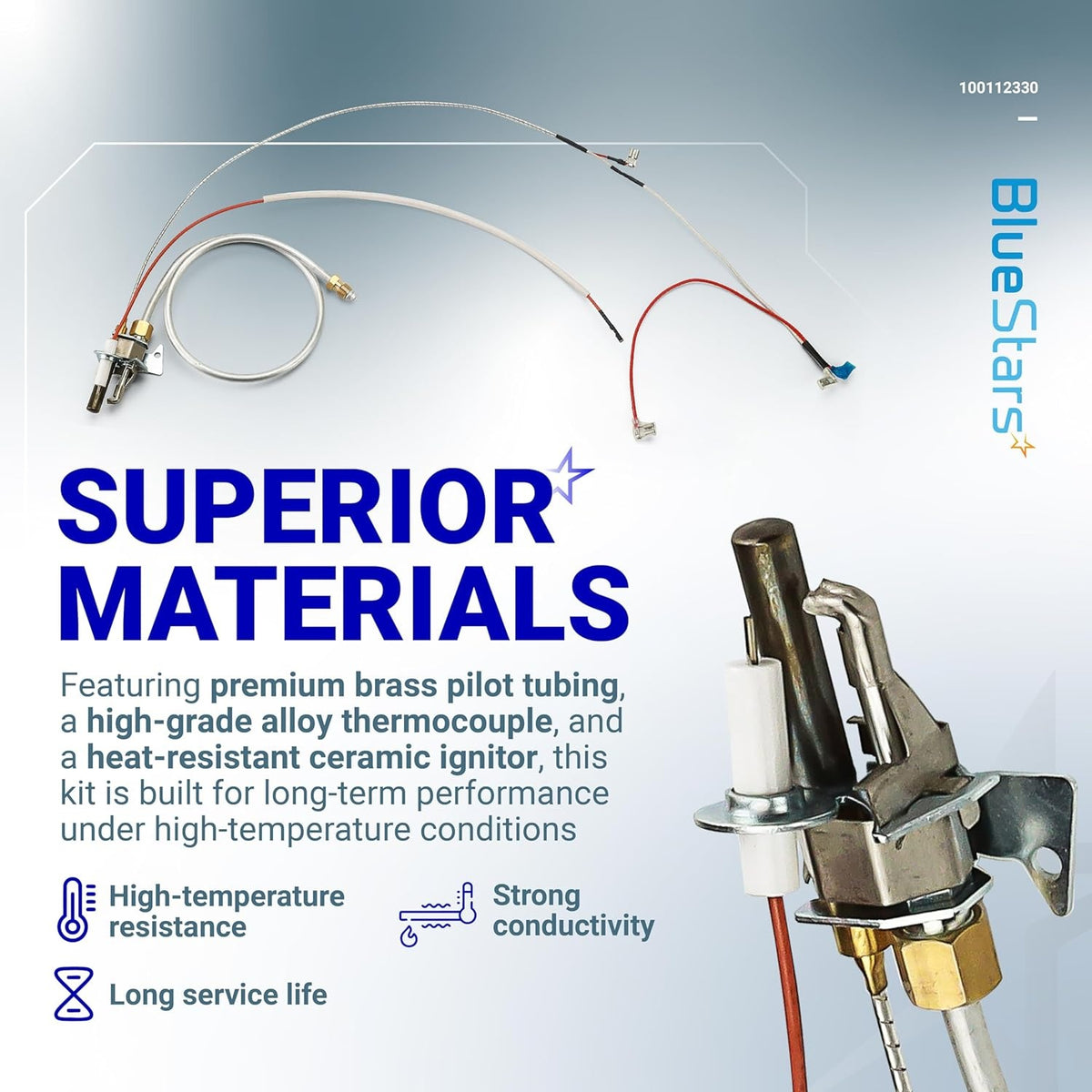 Water heater pilot and igniter assembly for natural gas with close-up view of the burner head and ceramic ignitor.