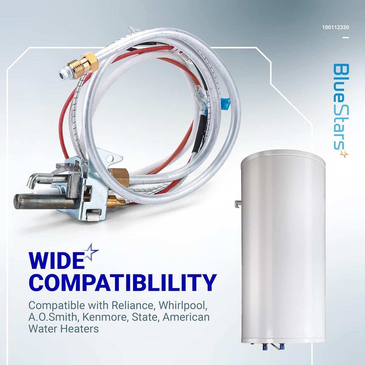 100112330 natural gas water heater pilot and igniter assembly with coiled supply lines and mounting bracket.