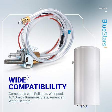 100112330 natural gas water heater pilot and igniter assembly with coiled supply lines and mounting bracket.
