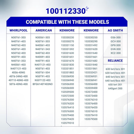 Compatibility chart for 100112330 water heater pilot and igniter assembly listing compatible model numbers.