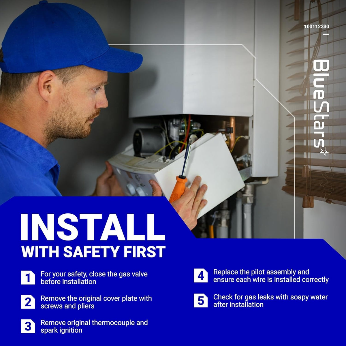 Technician installing 100112330 natural gas water heater pilot and igniter assembly with safety instructions.