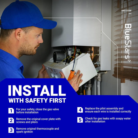 Technician installing 100112330 natural gas water heater pilot and igniter assembly with safety instructions.