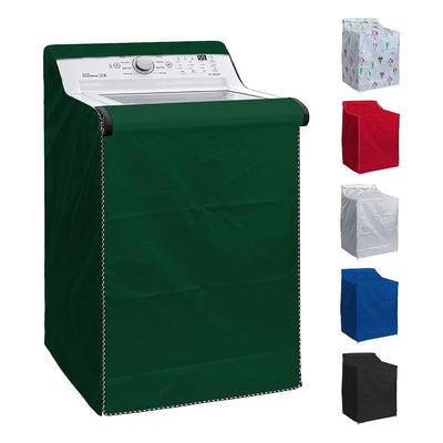 Green premium outdoor top-load washing machine cover installed on a washer with additional color options shown.