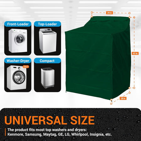 Green outdoor washing machine cover showing dimensions and compatibility with various washer and dryer types.