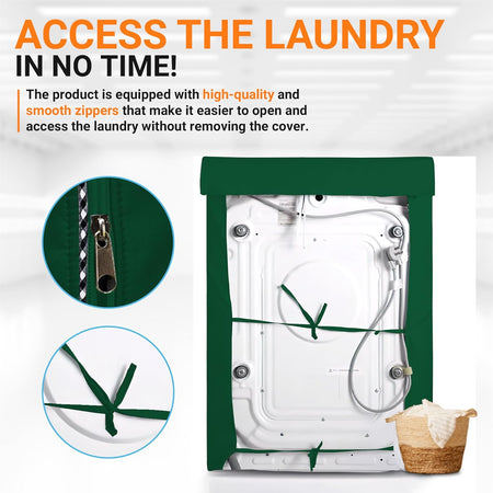 Green top-load washing machine cover showing back view with tie-straps and close-up of zipper access.