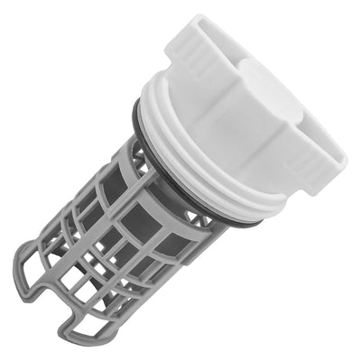 Replacement DC97-16991A washer drain pump filter with white cap and gray mesh basket for Samsung washing machines.