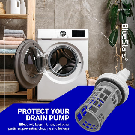 DC97-16991A washer drain pump filter for Samsung washing machines shown against a laundry room background.