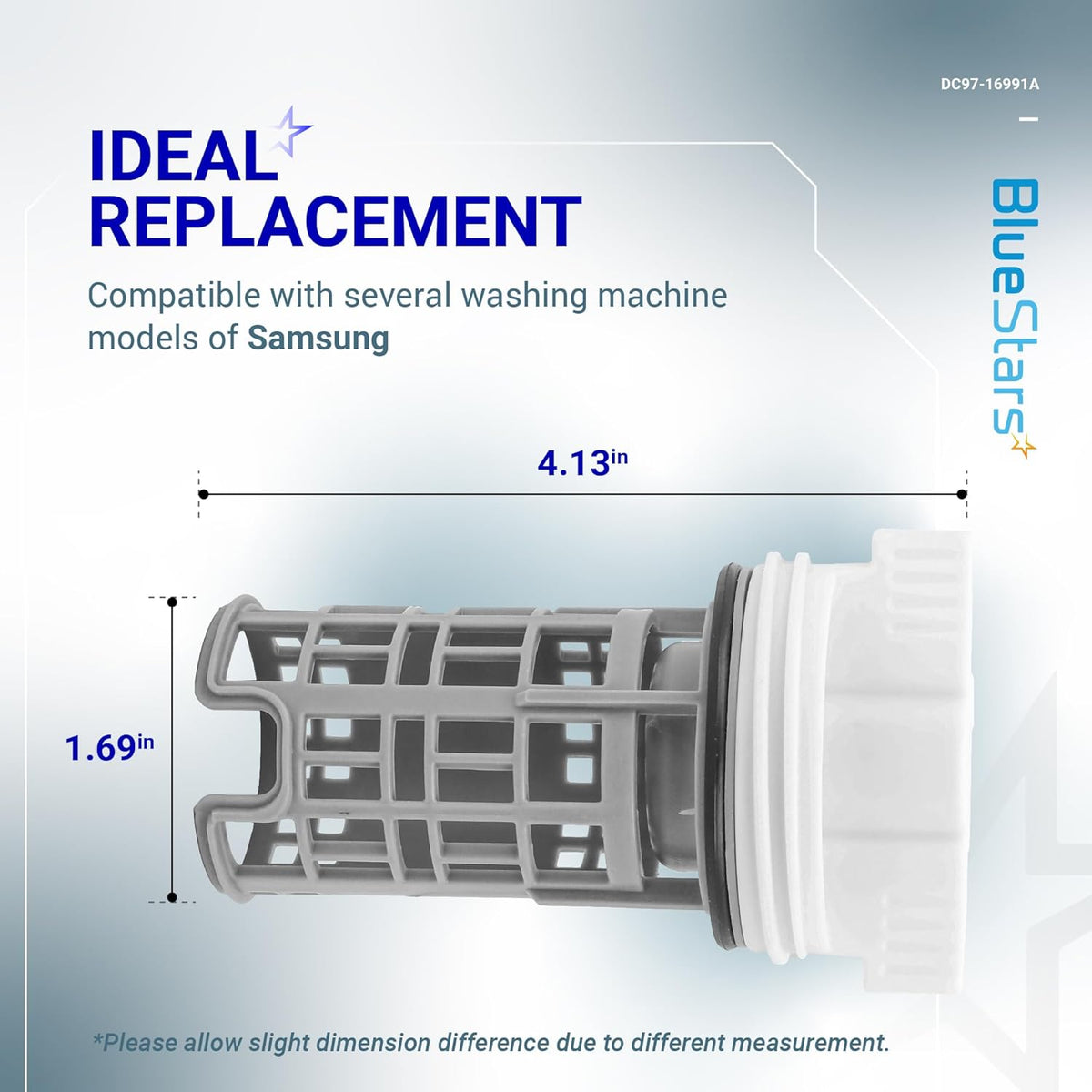 DC97-16991A Samsung washer drain pump filter showing dimensions of 4.13 inches by 1.69 inches.