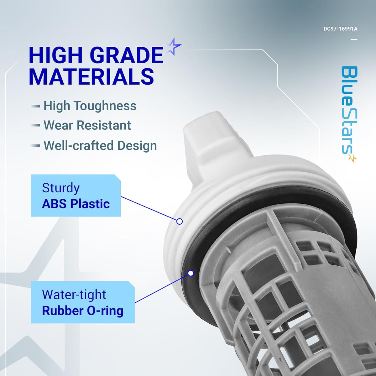 Close-up of DC97-16991A washer drain pump filter showing durable ABS plastic construction and rubber O-ring seal.