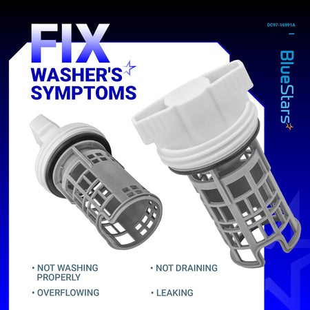 Two DC97-16991A washer drain pump filters shown on a promotional graphic for Samsung washing machine repair.