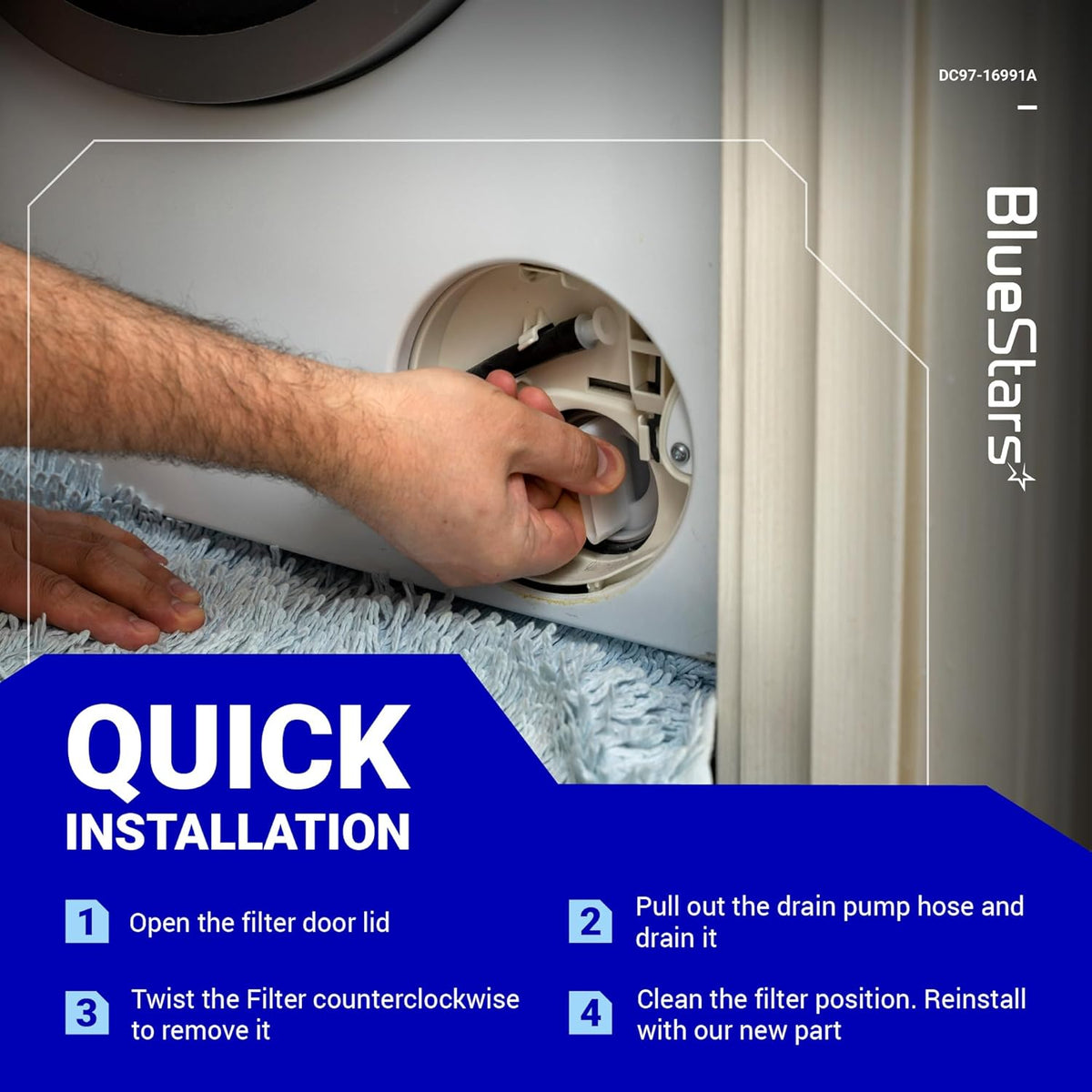 Hand removing the DC97-16991A washer drain pump filter from a Samsung washing machine, showing installation steps.