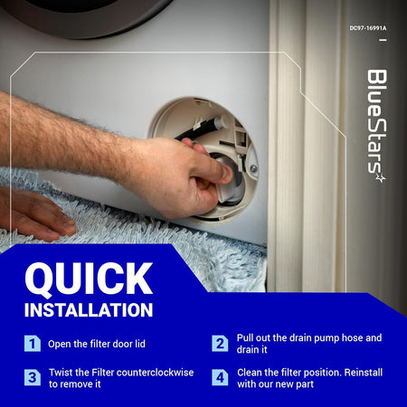 Hand removing the DC97-16991A washer drain pump filter from a Samsung washing machine, showing installation steps.