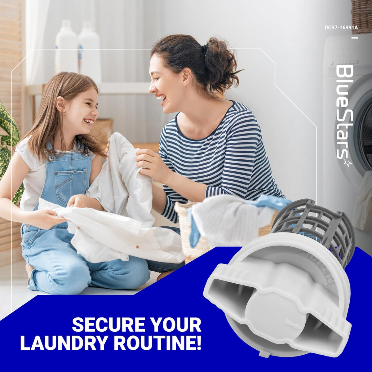 DC97-16991A washer drain pump filter replacement for Samsung washing machines in a lifestyle marketing graphic.
